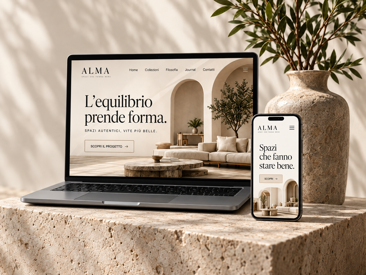 Concept preview su laptop e smartphone, base in travertino